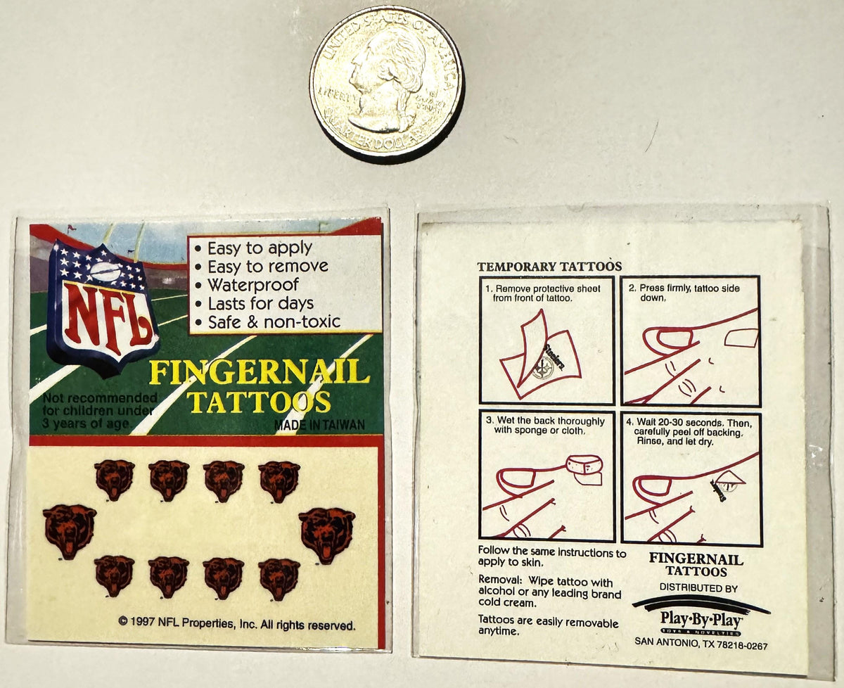 Vintage 1997 NFL fingernail tattoos packaging with Chicago Bears logo and instruction sheet, shown with quarter for scale