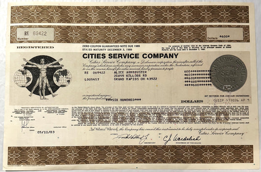 Vintage Cities Service Company stock certificate for $600, numbered RE 069422, featuring ornate borders and a classical