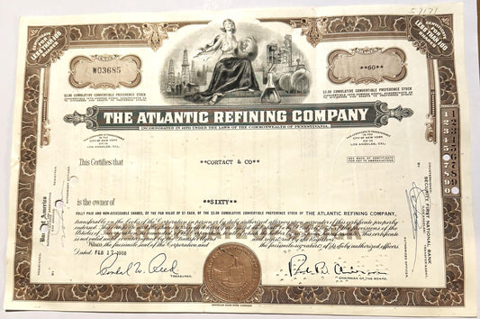 Ornate Atlantic Refining Company stock certificate in brown and cream with decorative border, central allegorical figure
