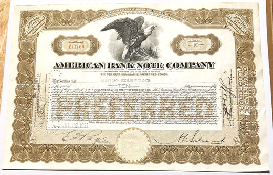 Vintage American Bank Note Company preferred stock certificate with brown ornamental border and central eagle vignette, dated