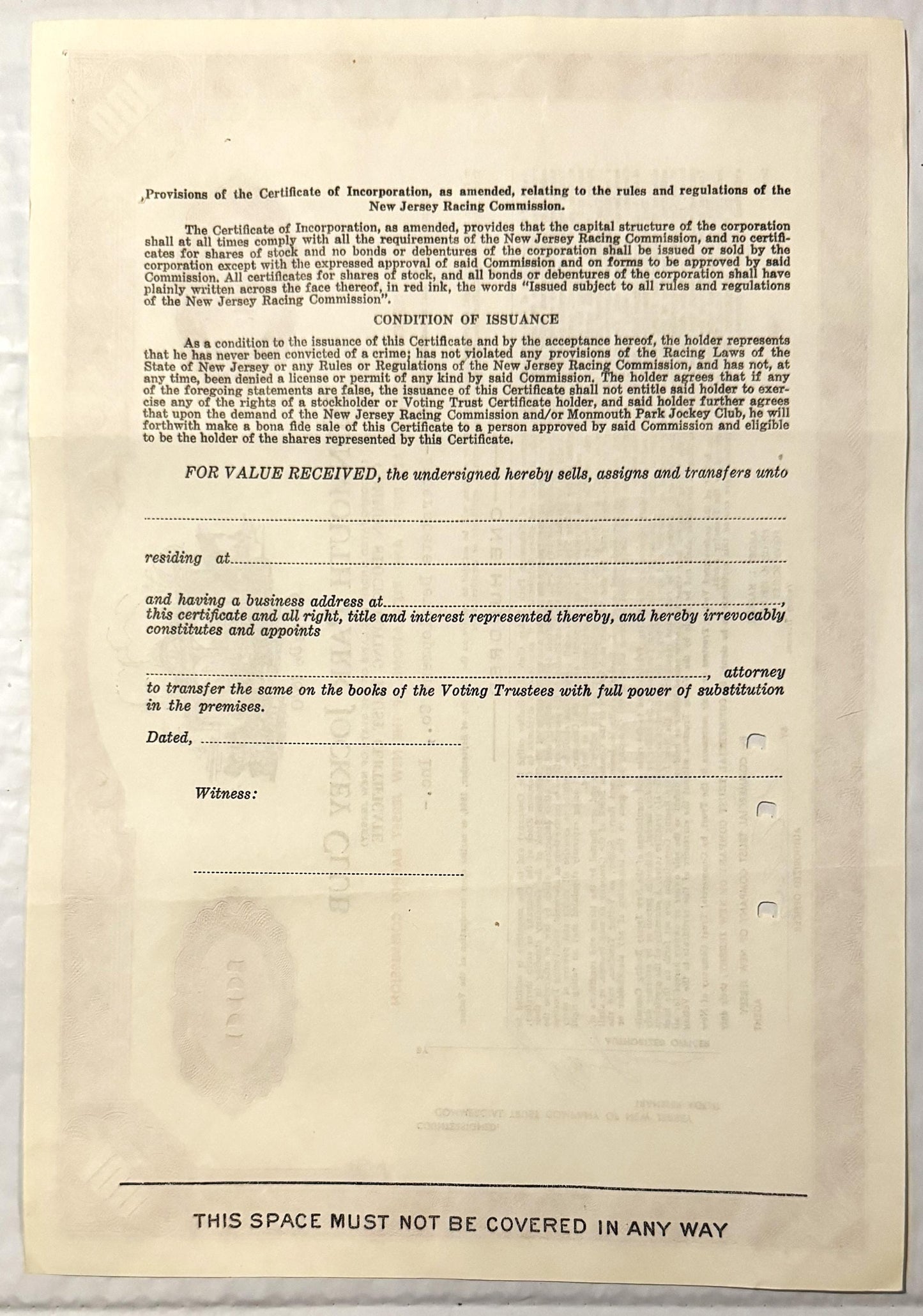 Blank vintage stock certificate form for Monmouth Park Jockey Club with printed text on cream paper, featuring condition of i