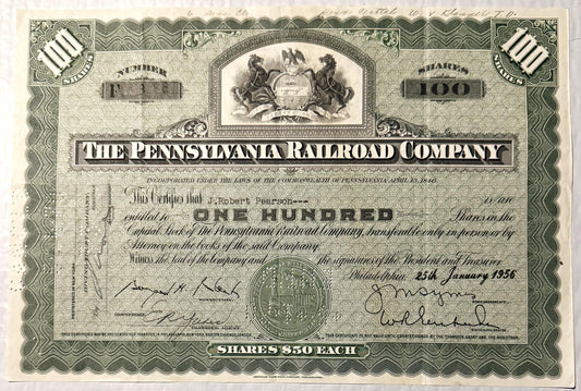 Vintage Pennsylvania Railroad Company stock certificate for 100 shares at $50 each, printed in black
