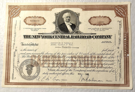 Vintage brown and cream New York Central Railroad stock certificate for thirty shares, with portrait