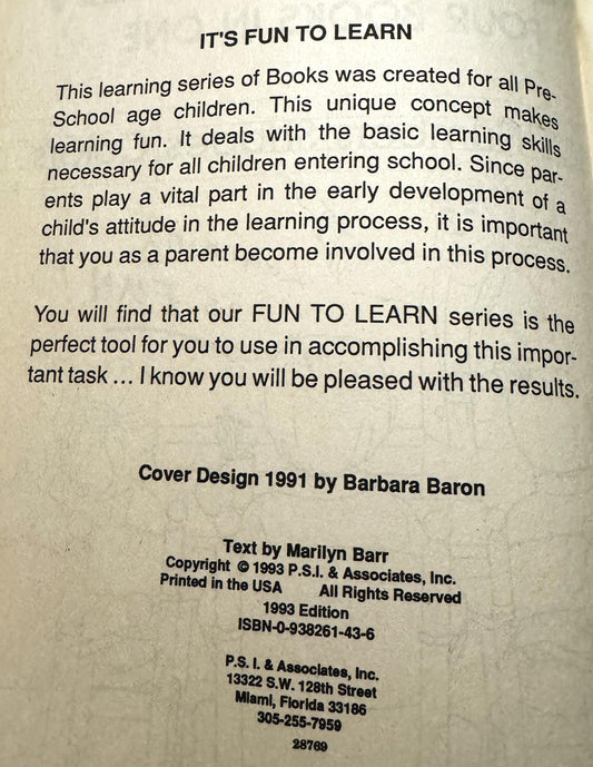 Back cover of 1993 Fun to Learn coloring book by Marilyn Barr, showing publisher info and cream-colored aged paper with black