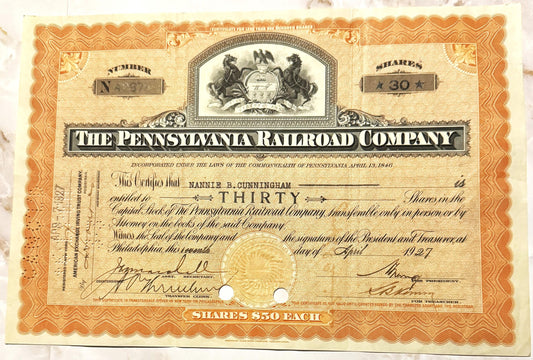 Pennsylvania Railroad Company stock certificate for 30 shares at $50 each, printed in or