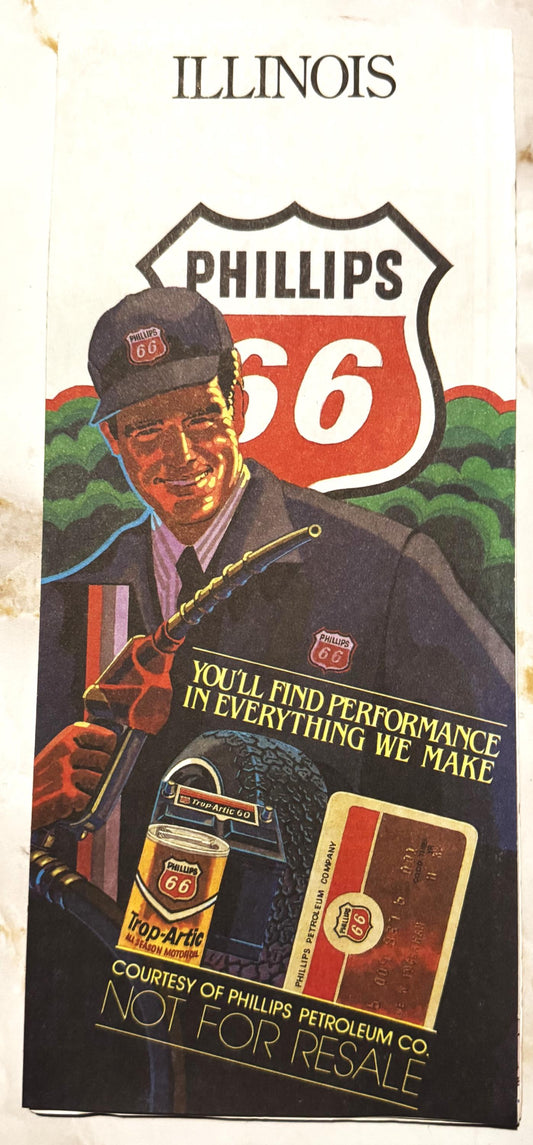 Vintage Phillips 66 Illinois Route 66 map brochure featuring a man in cap holding a torch, with gas pump and oil can imagery,