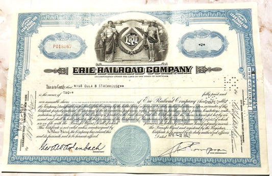 Blue and cream Erie Railroad Company stock certificate from, featuring allegorical figures, ornate border design, and co