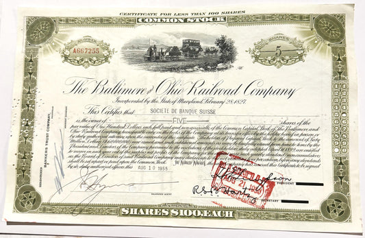 Vintage Baltimore and Ohio Railroad stock certificate for five shares, featuring green ornamental borders, steam locomotive e