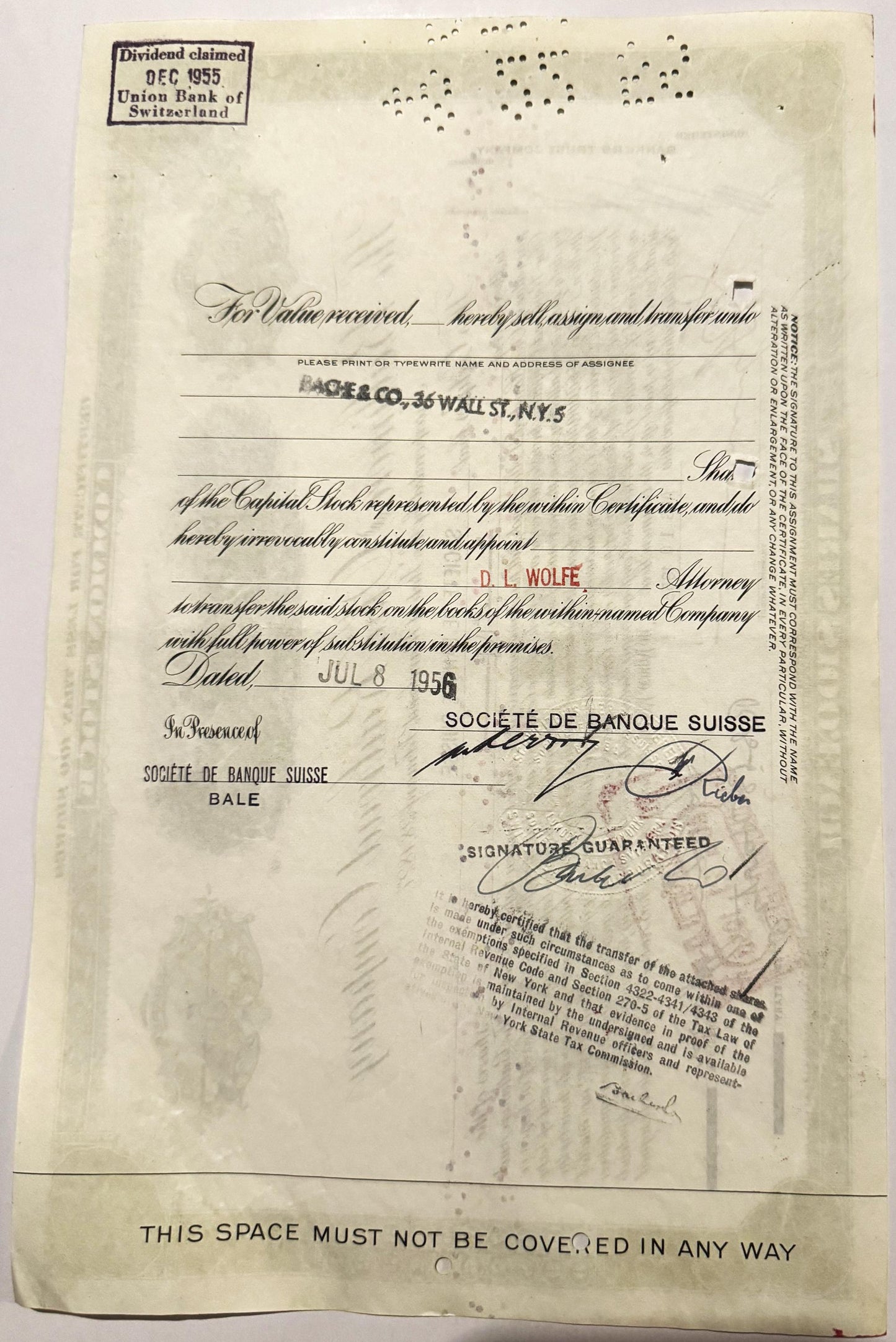 Aged stock certificate with ornate calligraphy, issued by Société de Banque Suisse with signatures and re