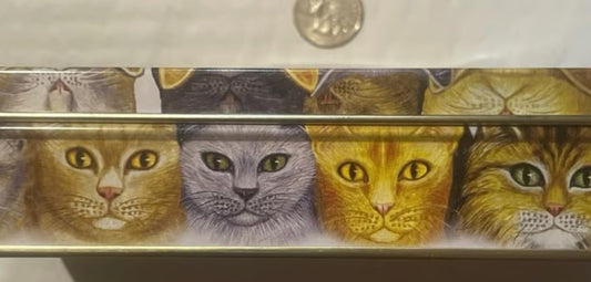 Close-up of the tin's wraparound cat-face portrait border along one side, with a US quarter above for scale.