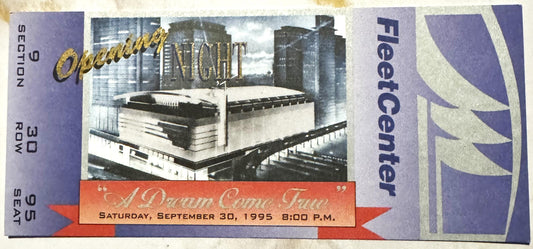 Vintage 1995 FleetCenter opening night ticket stub with purple borders, black and white arena image, red banner reading "A Dr