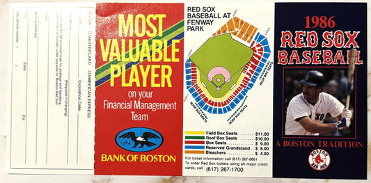Vintage 1986 Red Sox baseball schedule and ticket order form featuring Wade Boggs, Fenway Park seating diagram, and Bank of B