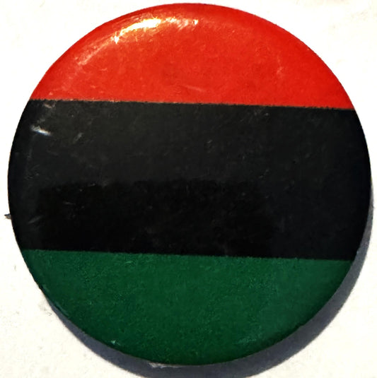 Circular pinback button with red, black, and green horizontal stripes, glossy finish, shown against white background