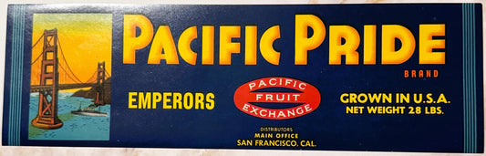 Vintage Pacific Pride Brand Emperor Grapes crate label featuring Golden Gate Bridge illustration and yellow text on dark blue
