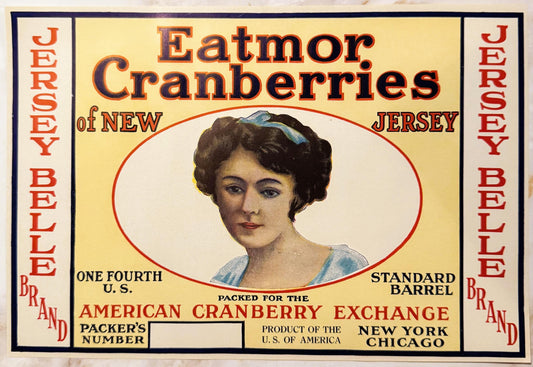 Vintage cranberry barrel label featuring a woman's portrait in oval frame, red and yellow design with "Jersey Belle" and "Eat