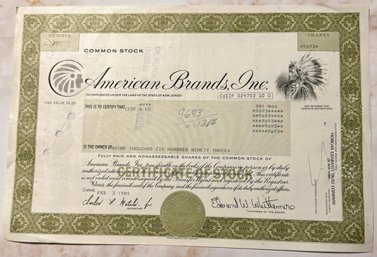 Vintage 1970s American Brands Inc. stock certificate with green ornamental border, Native American chief illustration, and co