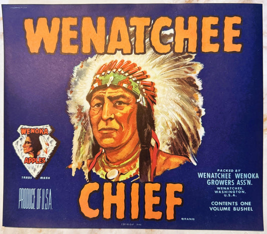 Vintage fruit crate label featuring a Native American chief in headdress on deep blue background with orange text reading "We