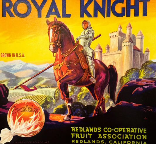 Vintage citrus crate label featuring a knight on a red horse holding a lance, with a castle in background and a Sunkist orang