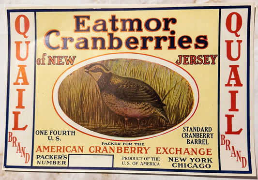Vintage Eatmor cranberry barrel label featuring an illustrated quail, red and blue text on cream background, marked "One Four