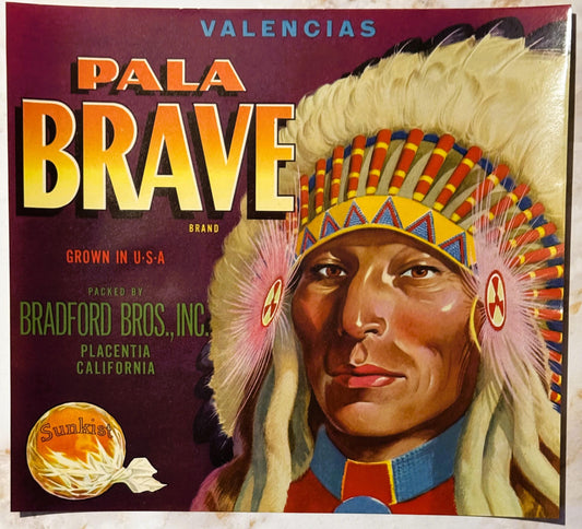 Vintage fruit crate label featuring a Native American chief in headdress with colorful feathers, titled "Pala Brave" in orang