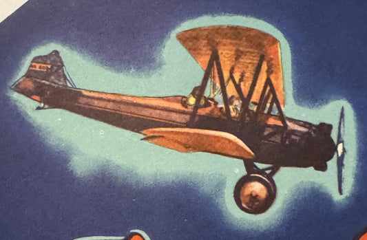 Vintage biplane crate label with orange and brown aircraft on light blue background against dark blue sky, Waverly Growers Co