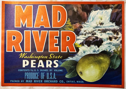 Vintage fruit crate label with orange "Mad River" text, Washington State pears imagery, waterfall scene, and green pear illus