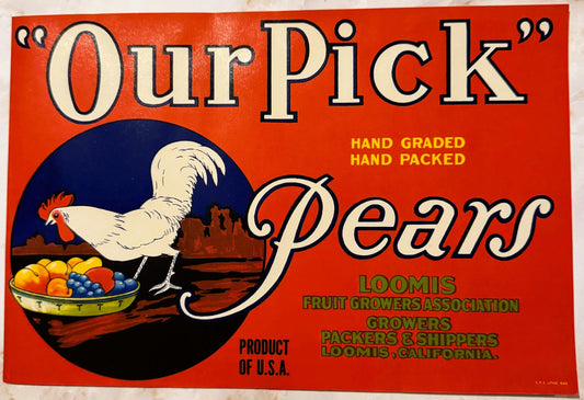 Vintage fruit crate label with red background featuring a white rooster holding a basket of colorful fruit, text reading "Our