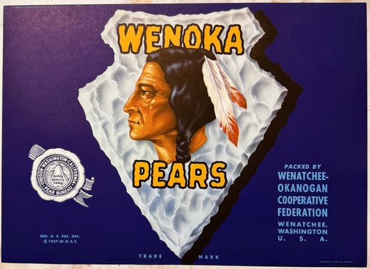 Vintage Wenoka Pears crate label featuring a Native American chief profile in an arrowhead shape on purple background, Wenatc