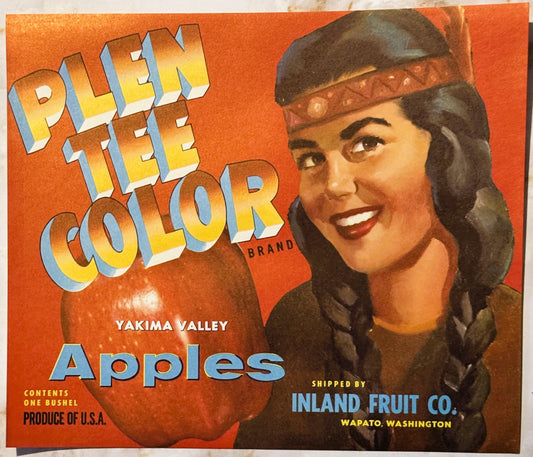 Vintage fruit crate label for Plen Tee Color apples featuring bold blue and yellow lettering on orange background with portra