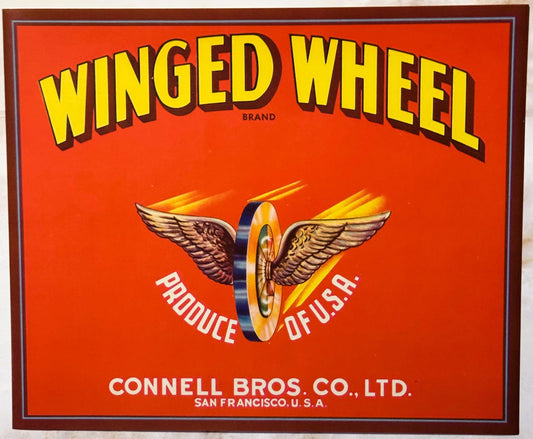 Vintage Winged Wheel Brand crate label with yellow lettering on red background, winged wheel logo, "Produce of U.S.A." text,