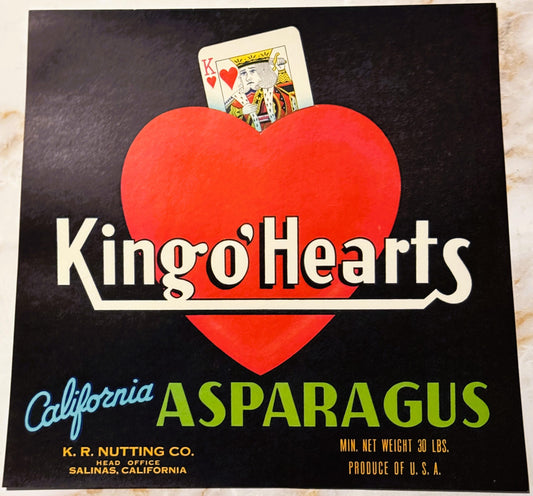 Vintage King o' Hearts asparagus crate label featuring a red heart with King of Hearts playing card, black background, cream