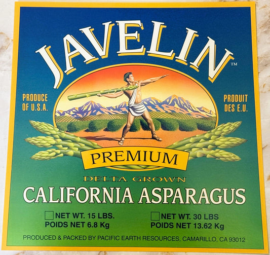 Vintage Javelin Premium California asparagus crate label with blue and gold border, featuring illustration of classical javel