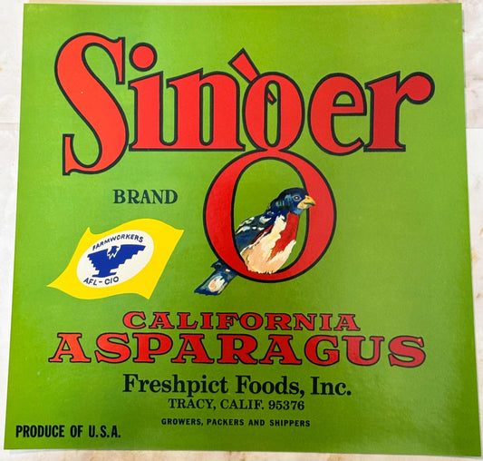Vintage Singer Brand asparagus crate label on bright green background with red lettering, bird logo, and Farmworkers AFL-CIO
