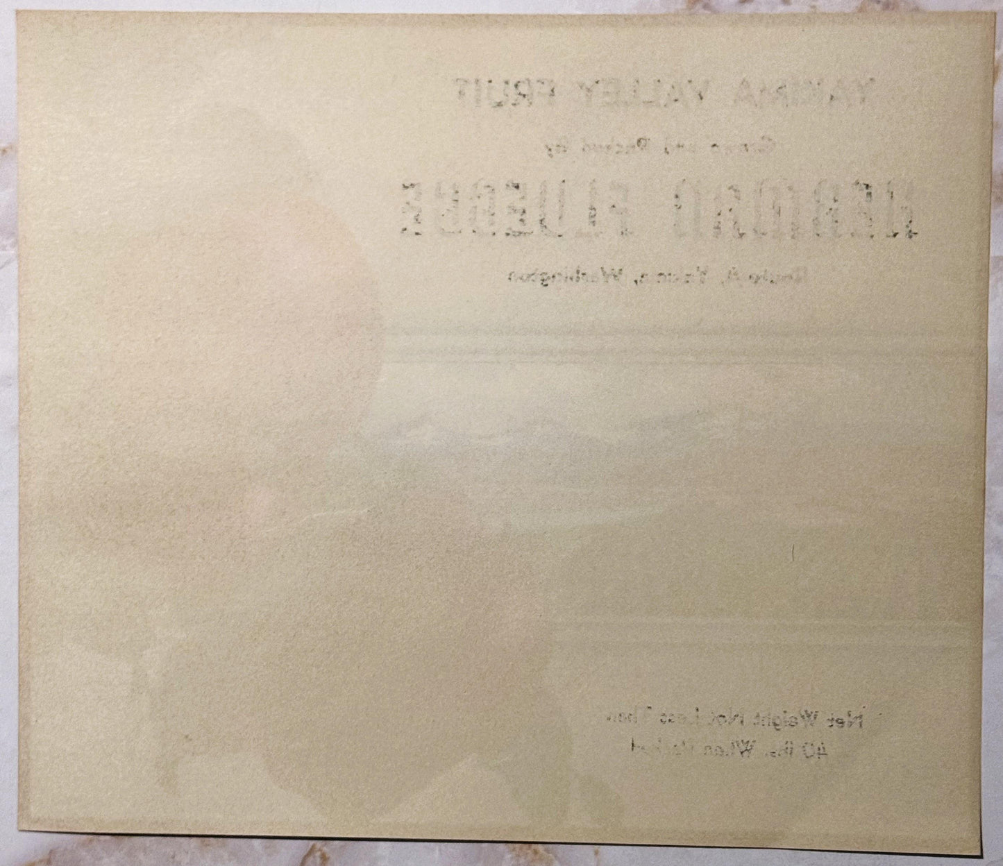 Aged cream-colored fruit crate label with faint typewritten text, photographed flat showing wear and discoloration