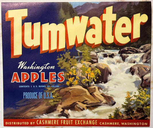 Vintage Tumwater brand apple crate label featuring a mountain river landscape, yellow and red typography, and red banner stat
