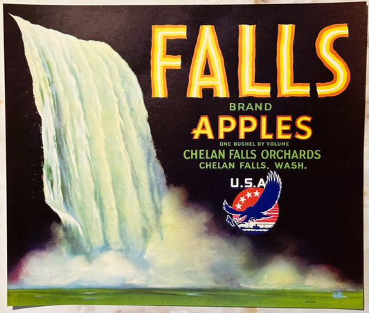 Vintage apple crate label with dramatic waterfall image, gold "FALLS BRAND APPLES" text, and USA eagle logo on black backgrou
