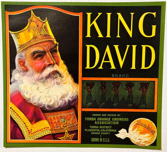 Vintage King David Brand Sunkist crate label featuring a bearded king in golden crown and red robes against black background