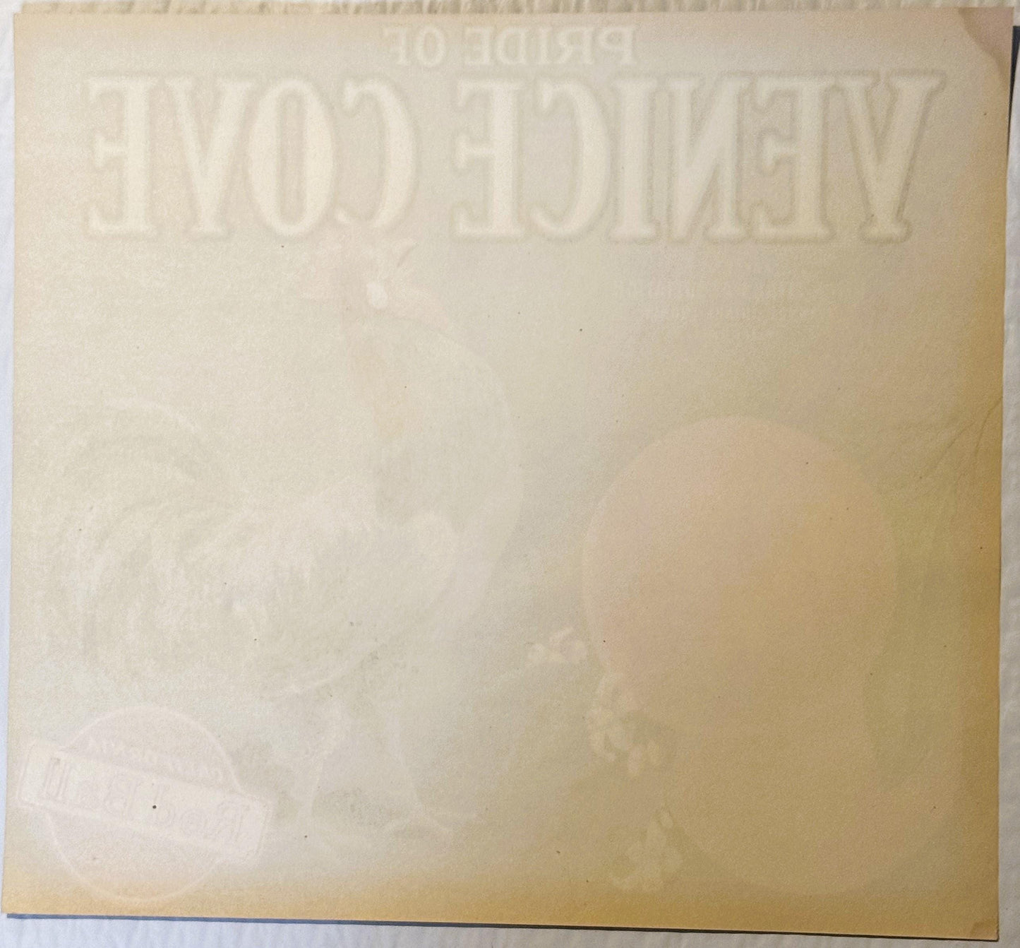Cream-colored embossed crate label with "PRIDE OF VENICE" text visible at top, showing age and wear throughout