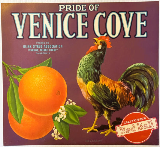 Vintage citrus crate label with purple background, colorful rooster, orange fruit with blossoms, and "Pride of Venice Cove" t
