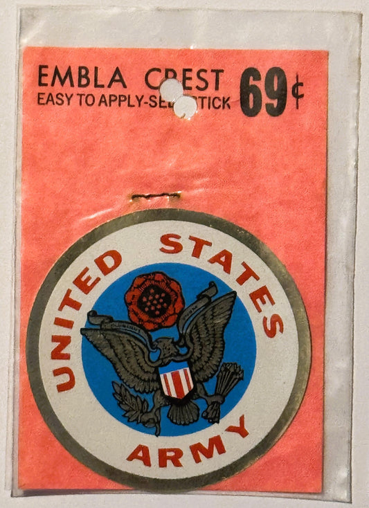 Vintage United States Army emblem decal on coral-red backing, priced 69 cents, self-stick application, shown in clear plastic