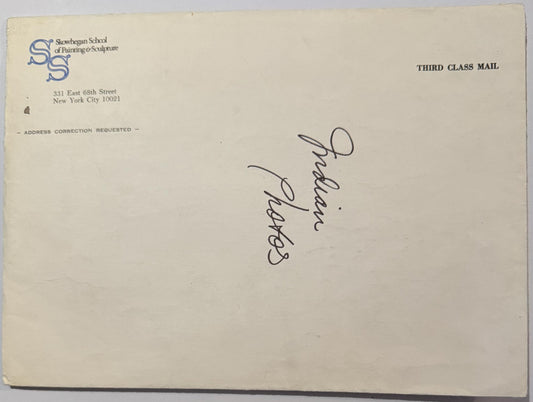 Back of vintage envelope from Showhegan School of Painting & Sculpture with handwritten notation and "Address Correction Requ