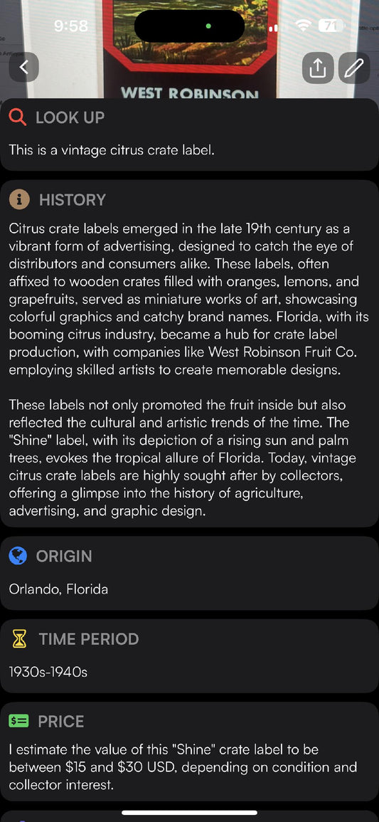 Vintage citrus crate label with red border showing "West Robinson" text and tropical landscape imagery, displayed on phone sc