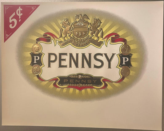 Antique gold embossed cigar label with "Pennsy" text, heraldic crest, red ribbons, and 5¢ price mark in corner
