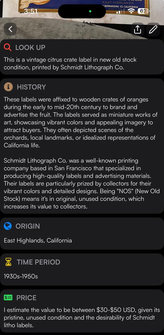 Vintage citrus crate label showing East Highlands, Bernardino Co. California text on blue and gold background