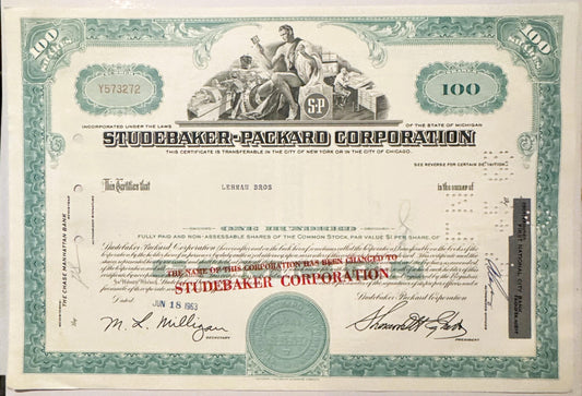 Teal and cream Studebaker-Packard Corporation stock certificate for 100 shares, with decorative b