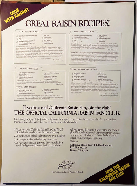 Vintage California Raisins recipe poster featuring four raisin dishes, fan club membership details, and purple and gold brand