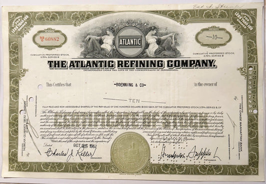Ornate stock certificate for The Atlantic Refining Company, wi