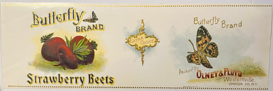 Vintage Butterfly Brand gold embossed can label featuring red strawberry beets and butterflies, packed by Olney & Flury, West