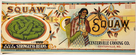 Vintage Squaw Brand stringless beans can label with Native American imagery, green beans illustration