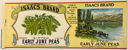 Vintage Isaacs Brand sifted early June peas can label from Ellendale, Delaware, featuring illustrated pea pods and scenic lak